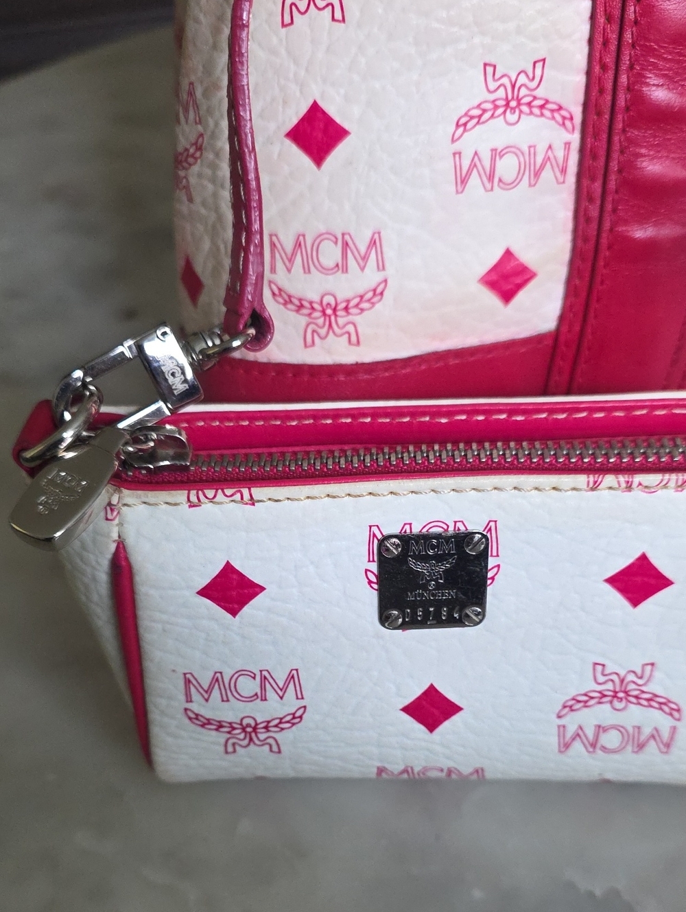 MCM Beige & Pink Visetos Tote w/ Matching Wristlet & MCM Charm & silver Hardware - Picture 15 of 16